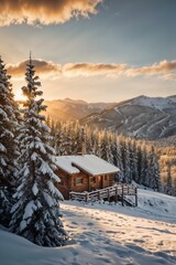 Fototapeta premium Cozy Winter Cabin at Sunset