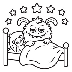 Sweet Little Monster Snuggling with Teddy Bear in Bed Surrounded by Stars – Cozy Cartoon Line Art Illustration