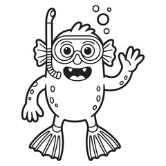 Funny Swimming Monster Wearing Goggles and Flippers – Cute Summer-Themed Cartoon Line Art Illustration