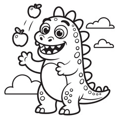 Happy Dinosaur Catching Apples – Kids Line Art Illustration