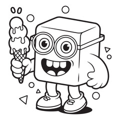 Geeky Monster Eating Ice Cream – Funny Line Art for Kids
