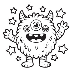 Fluffy Monster Surrounded by Stars – Whimsical Line Art