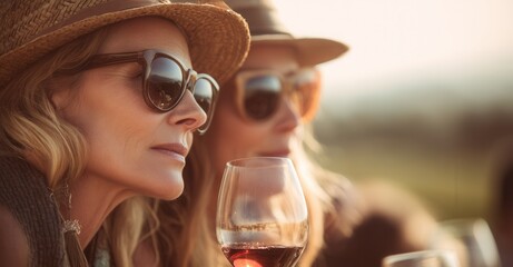 Two women with hats and sunglasses enjoying wine outdoors, creating a warm and inviting atmosphere. Cheers to sunny days and good company!