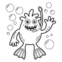Funny Swimming Monster Wearing Goggles and Flippers – Cute Summer-Themed Cartoon Line Art Illustration