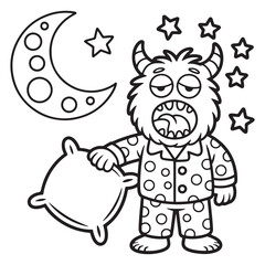 Monster Wearing Pajamas Holding Pillow with Moon and Stars – Cozy Bedtime Cartoon Line Art Illustration for Kids