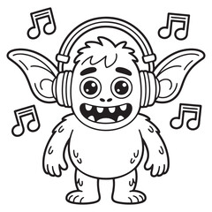 Musical Monster with Headphones – Cartoon Line Art