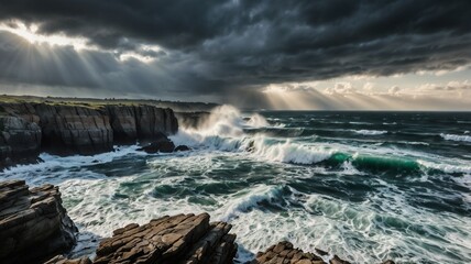 Fototapeta premium Stormy Ocean Waves Crashing on Cliffs