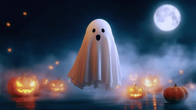 Cute animation ghost flying on Halloween night decorative with bat and moon background. seamless looping time-lapse virtual video animation background. Happy Halloween design