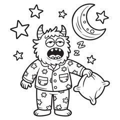 Obraz premium Sleepy Pajama Monster Under the Moon and Stars Holding a Blanket – Cute Cartoon Line Art Illustration for Kids