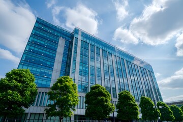 Modern office building facade with lush greenery and bright sky.