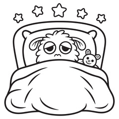 Sweet Little Monster Snuggling with Teddy Bear in Bed Surrounded by Stars – Cozy Cartoon Line Art Illustration