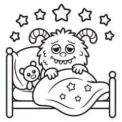 Sweet Little Monster Snuggling with Teddy Bear in Bed Surrounded by Stars – Cozy Cartoon Line Art Illustration