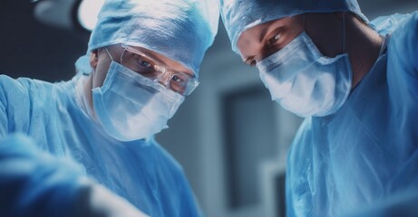 Focused surgeons collaborate in the operating room, wearing masks and protective gear, ensuring precision and care during a critical surgery.