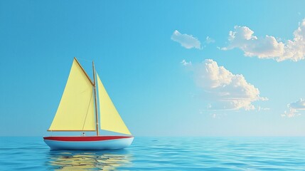 Fototapeta premium Bright Yellow Sailboat Gliding Over Calm Blue Waters Under Clear Sky with Clouds