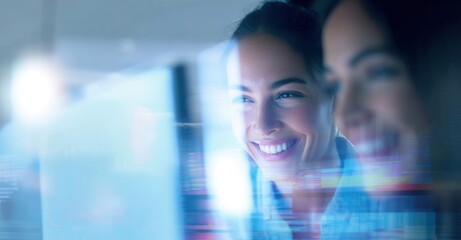 Smiling woman facing a computer screen, her face reflecting the screen's glow with another woman visible behind her.