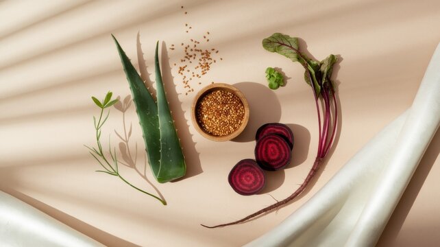 Fresh aloe vera leaves, a small wooden bowl filled with halim seeds and sliced beets on a light background. An advertising photo with a place for the text.