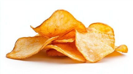 Crispy golden potato chips, a salty temptation perfect for snacking anytime, isolated against a pristine white background emphasizing their texture and color