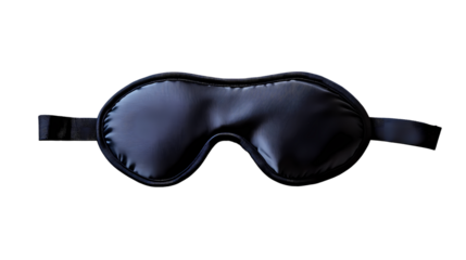 A close up of a black sleep mask with adjustable straps  in a studio shot isolated on transparent background