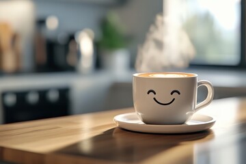 Fototapeta premium Animated winking coffee cup standing on kitchen counter with steam from coffee
