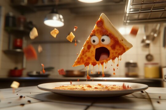 animated pizza slice with a cheeky face running away from a plate running through a kitchen