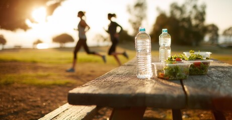 Post-run hydration and nourishment with water bottles and salad containers displayed on a wooden picnic table outdoors at sunset.
