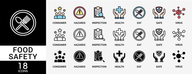 FOOD SAFETY icon set with various styles and colors of consumer, hazards, inspection, health, eat, virus, safe and certification icons perfect symbol background