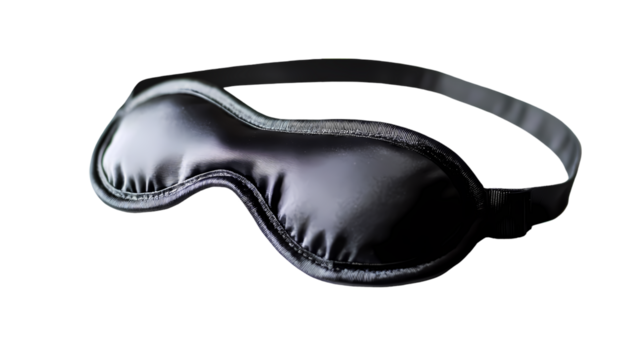 A close up of a black sleep mask with an elastic strap  in a studio setting isolated on transparent background