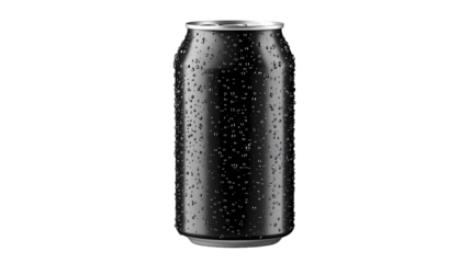 A close up of a black soda can with water droplets on it   in a studio shot isolated on transparent background