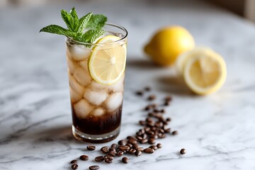 Fototapeta premium Summer espresso tonic mint lemon beverage on marble photo 