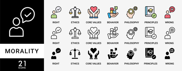 MORALITY icon set with various styles and colors of Right, ethics, wrong, behavior, philosophy, society, principles, core values. Business banner web vector infographic
