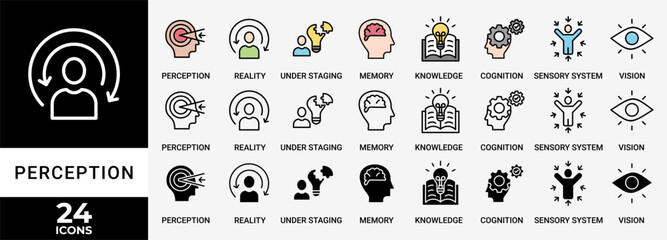 PERCEPTION icon set with various styles and colors of perception, reality, under staging, memory, knowledge, cognition, sensory system, vision