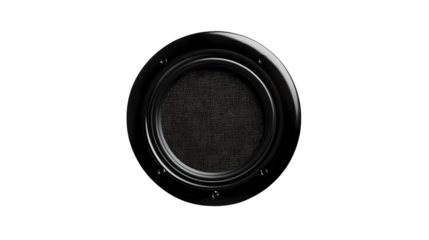 A close up of a black speaker with a textured center  in studio lighting isolated on transparent background