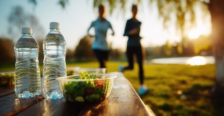 Healthy lifestyle: Water bottles and salad sit on a picnic table as joggers pass by in a sunlit park. Embracing wellness in nature.