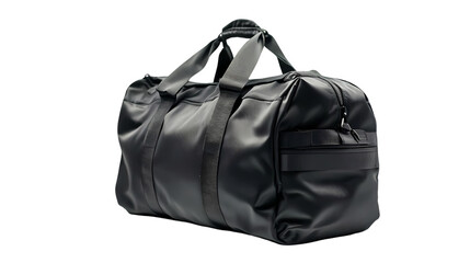 A black duffel bag with straps and zippers isolated   in a studio shot isolated on transparent background