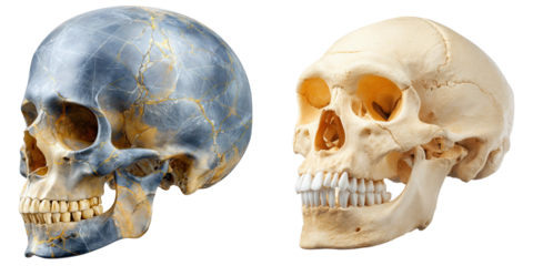 Two human skulls are displayed side by side, one with a blue and gold cracked surface and the other in a natural bone color.