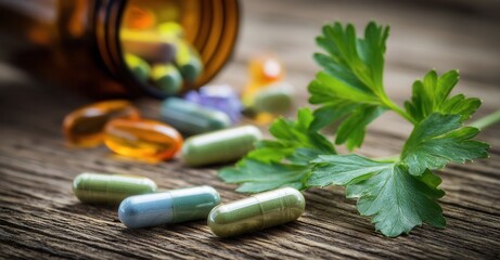 Natural Medicine: Capsules and herbs presented on a rustic wooden table, suggesting holistic approach to health and wellness.