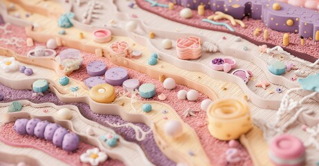 Pastel confection wonderland with winding paths, sugary elements, and dreamy pastel colors creates a whimsical, dessert-like landscape.