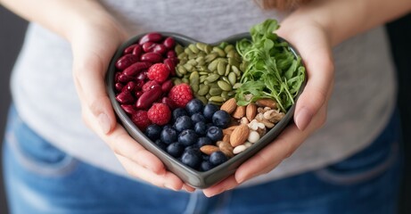 Person holds a heart-shaped bowl filled with healthy foods. The bowl contains fresh fruits, vegetables, beans, seeds and assorted nuts.