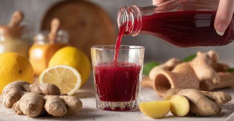 Pouring a vibrant red beverage from a bottle into a glass with lemons and ginger nearby for a refreshing and healthy drink.