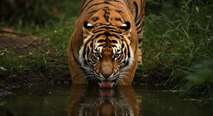 Fototapeta premium Majestic Tiger Drinking Water A Stunning Wildlife Image