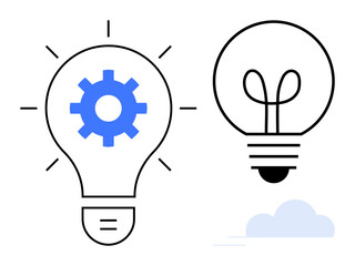 Two light bulbs, one featuring a gear symbolizing innovation and problem-solving, and another plain with a glowing filament for inspiration. Ideal for ideas, creativity, teamwork, technology