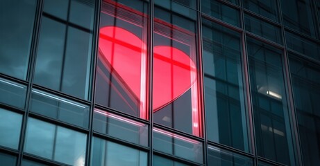 Illuminated Heart in Cityscape: Symbol of love and hope glows through a modern building's window, spreading warmth in the urban landscape.