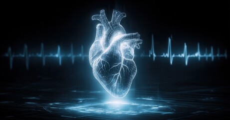 Anatomical heart rendering against an electrocardiogram background, showcasing intricate detail and potential medical technology themes.