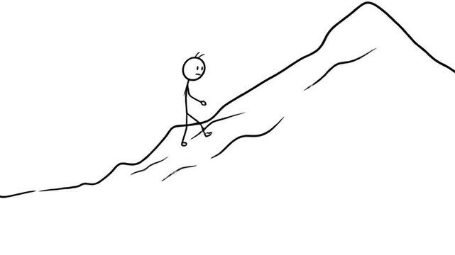 Stick figure hiking up hill cartoon illustration