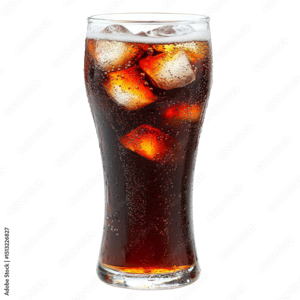 Poster refreshing glass of cold soda with ice cubes, perfect for hot days. enjoy fizzy bubbles and rich col