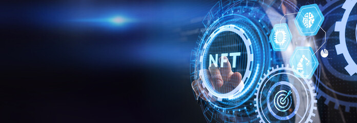 NFT Non-fungible token digital crypto on virtual screen.