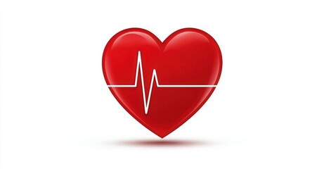 Red heart icon with a line representing heartbeat signal on a white background, symbolizing health, cardiology and well-being.
