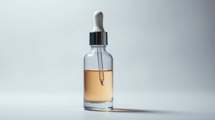 Fototapeta premium Clear glass dropper bottle with amber liquid against a plain background