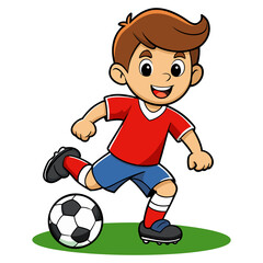 Obraz premium A cheerful cartoon little boy character playing soccer vector illustration 