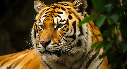 Fototapeta premium Tiger Portrait Near Foliage